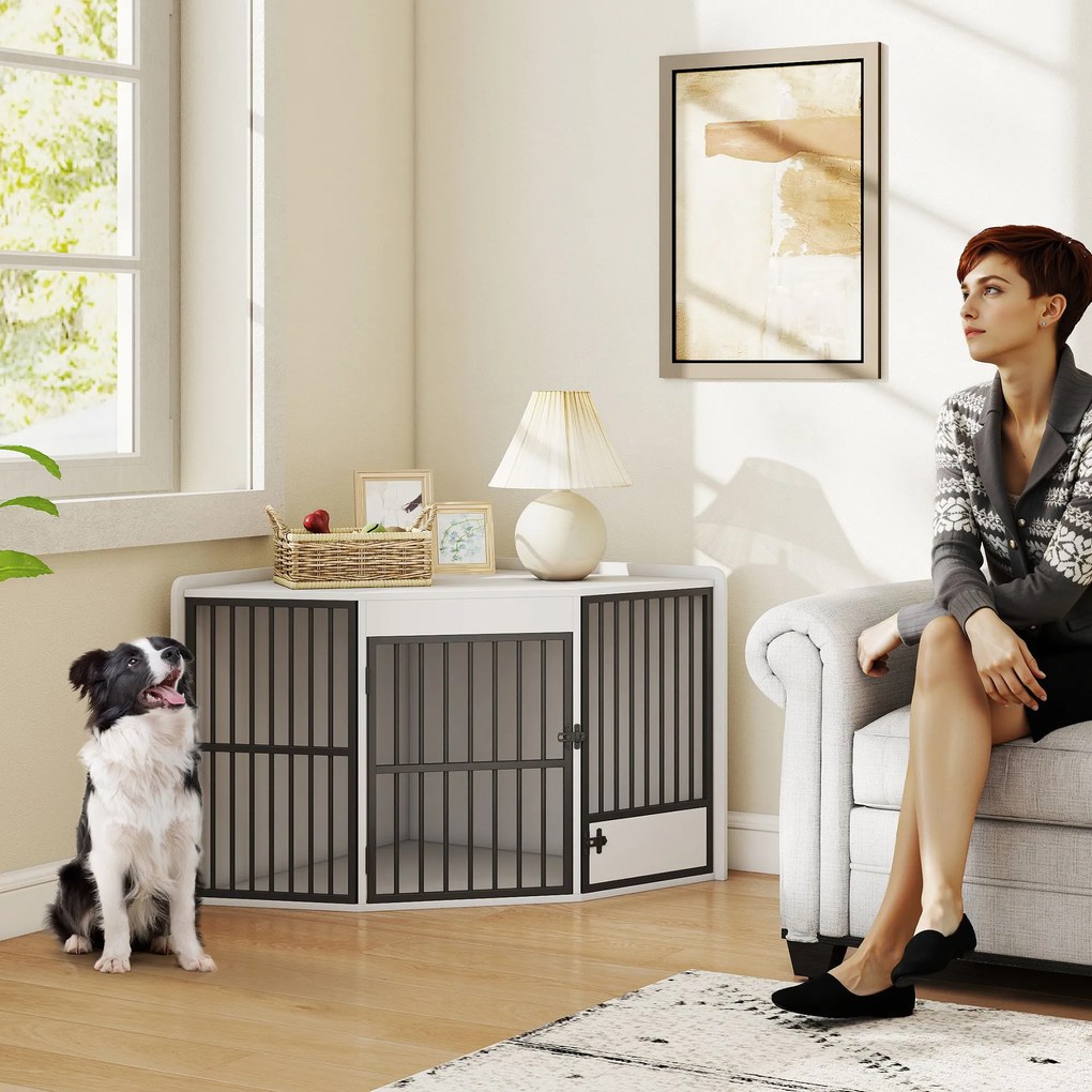 PawHut Cușcă pentru câini, box de odihnă pentru câini mici și medii, cutie pentru animale de companie, ușă pentru hrănire, MDF, metal, Alb | Aosom Romania