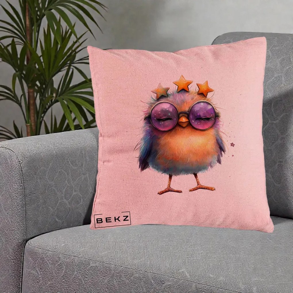 Perna Decorativa Pui Pop Star cu Ochelari Stele Violet, 40x40 cm, Roz, Husa Detasabila, Perna Inclusa, BEKZ®
