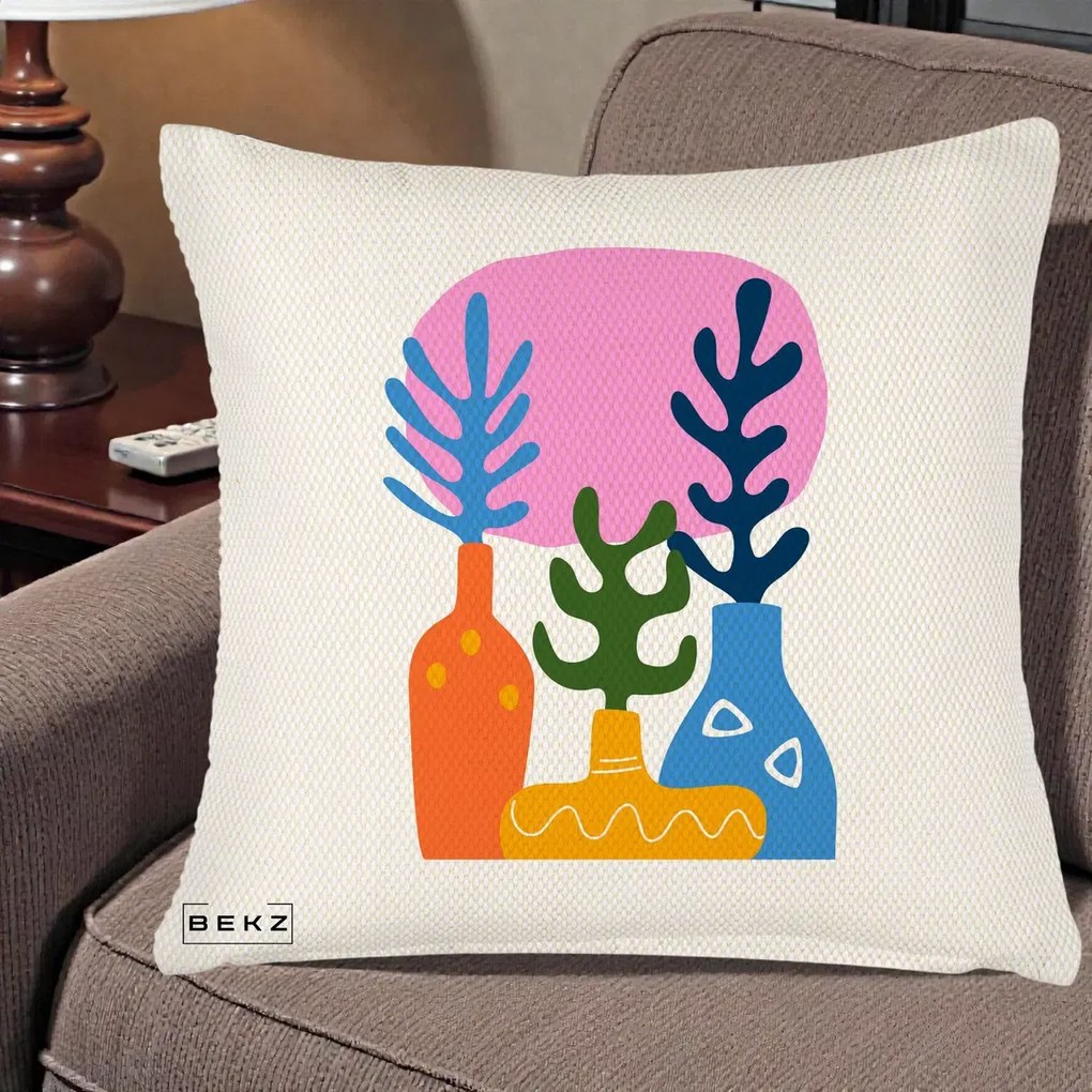 Perna Decorativa Vaze Botanice Abstract, 40x40 cm, Crem Reliefat, Husa Detasabila, Perna Inclusa, BEKZ®