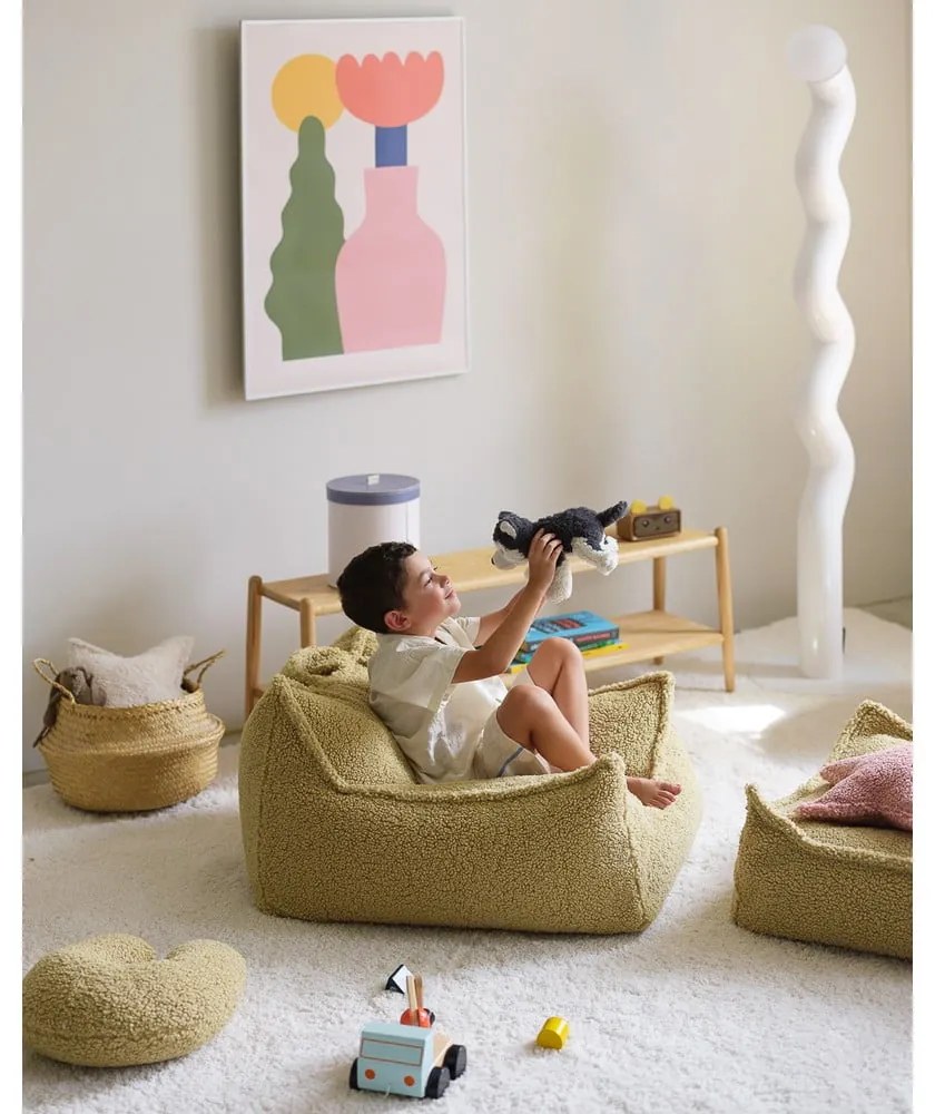 Fotoliu puf pentru copii verde cu tapițerie din țesătură bouclé Chair – Wigiwama