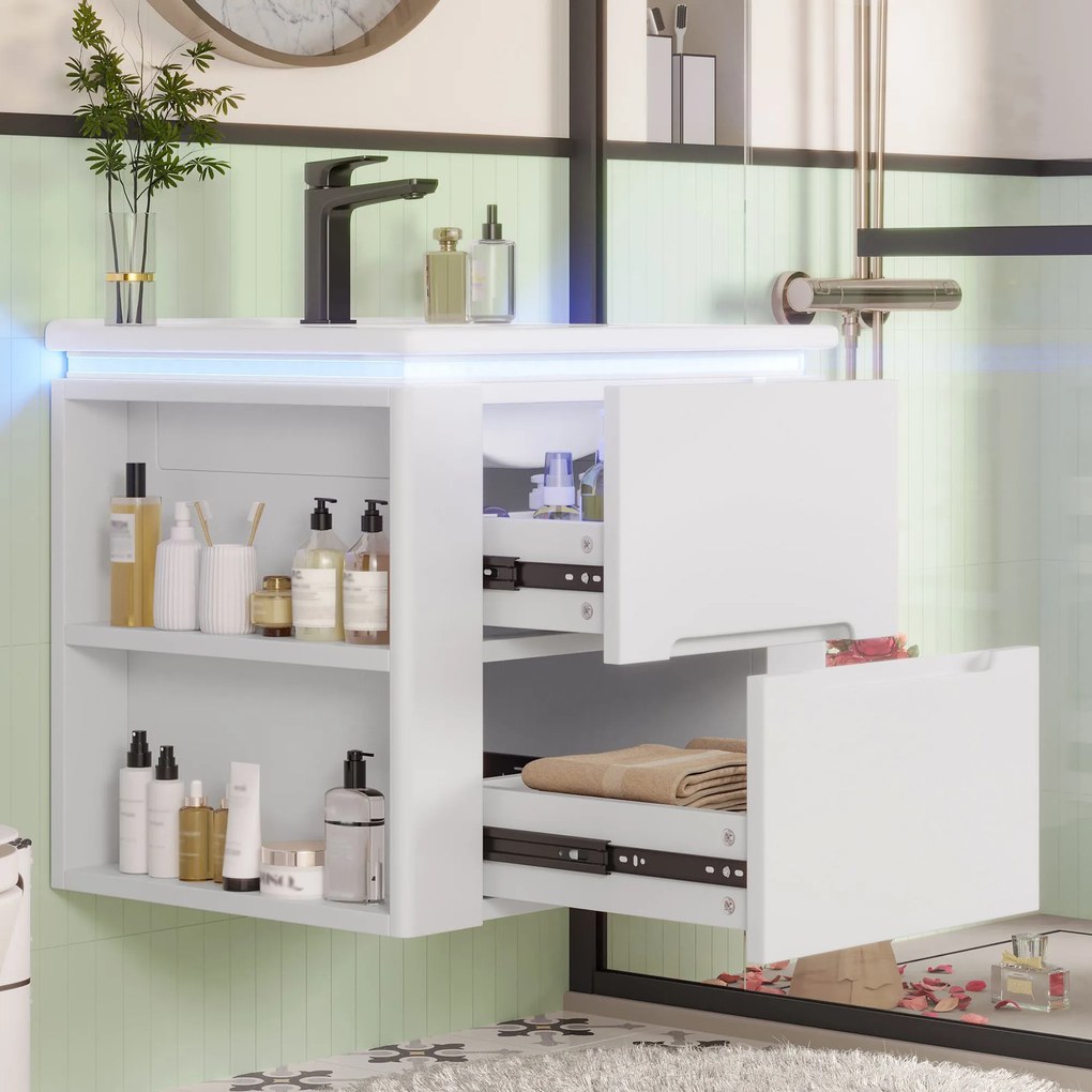 Dulap de baie suspendat cu iluminare LED cu senzor radar, două sertare și rafturi laterale, 61x46x50 cm, Alb