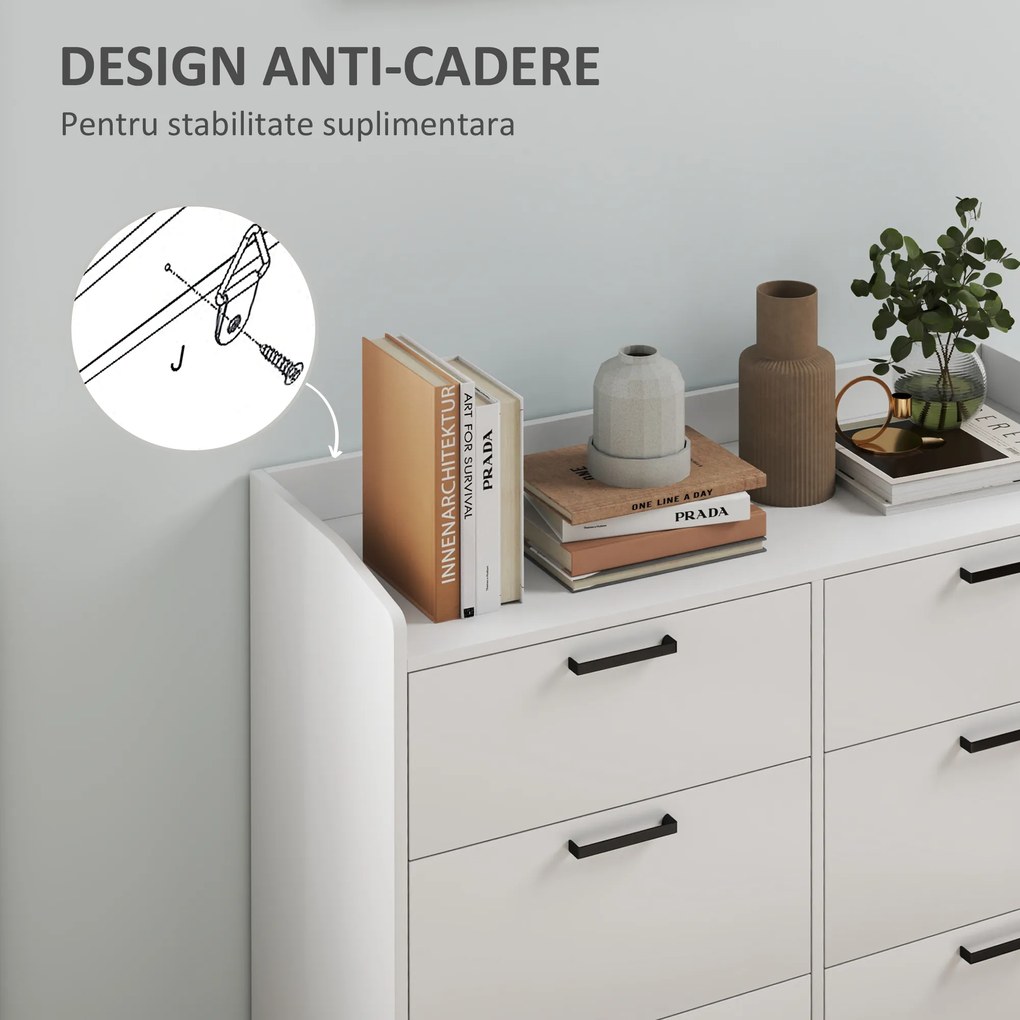 HOMCOM Comodă cu 6 Sertare, Margini Înălțate și Mânere în Formă de U, 110x40x88 cm, Alb | Aosom Romania