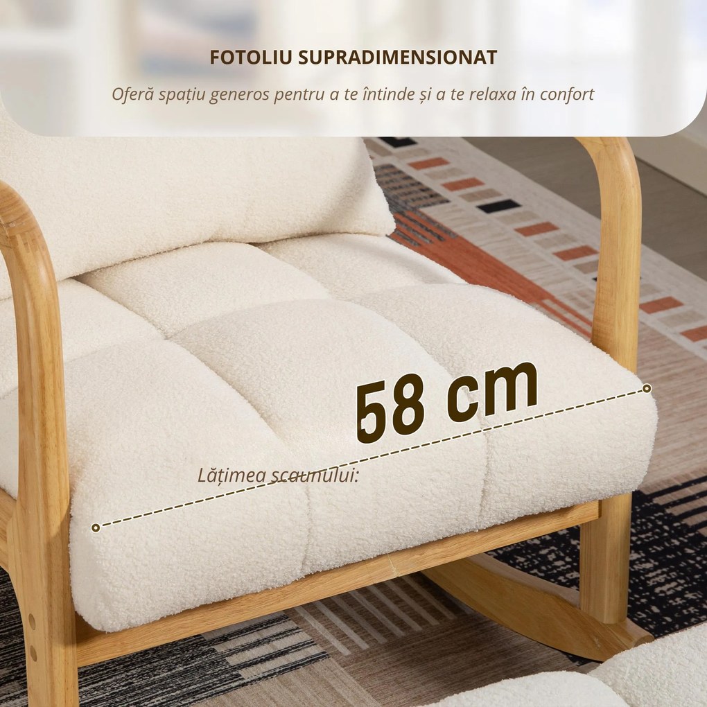 HOMCOM Fotoliu de leagăn cu otoman, picioare din lemn, 64,5 x 82 x 89 cm, alb | Aosom Romania