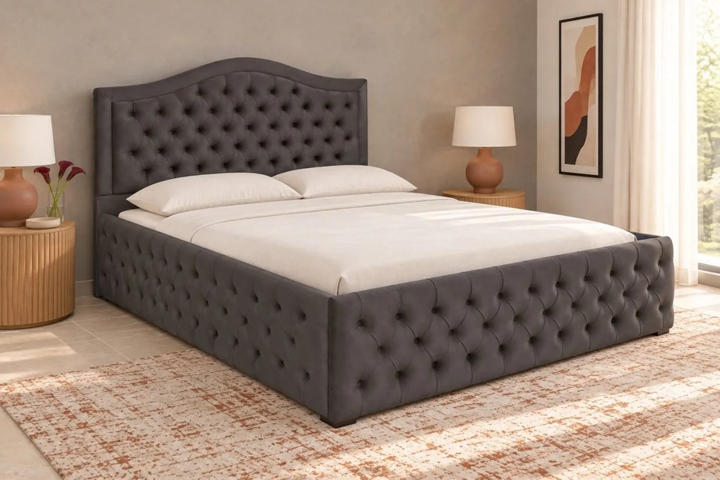 Pat tapițat Chesterfield din catifea Solaria Deluxe 200×200 cm, gri închis, cu ladă de depozitare