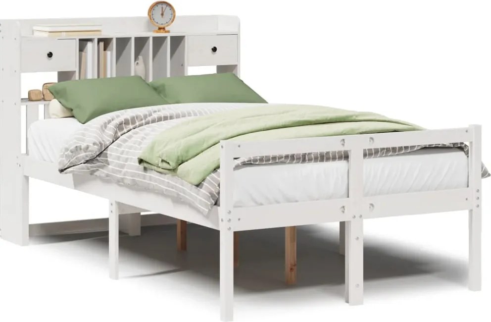 vidaXL Pat cu bibliotecă fără saltea, alb, 135x190 cm, lemn masiv pin
