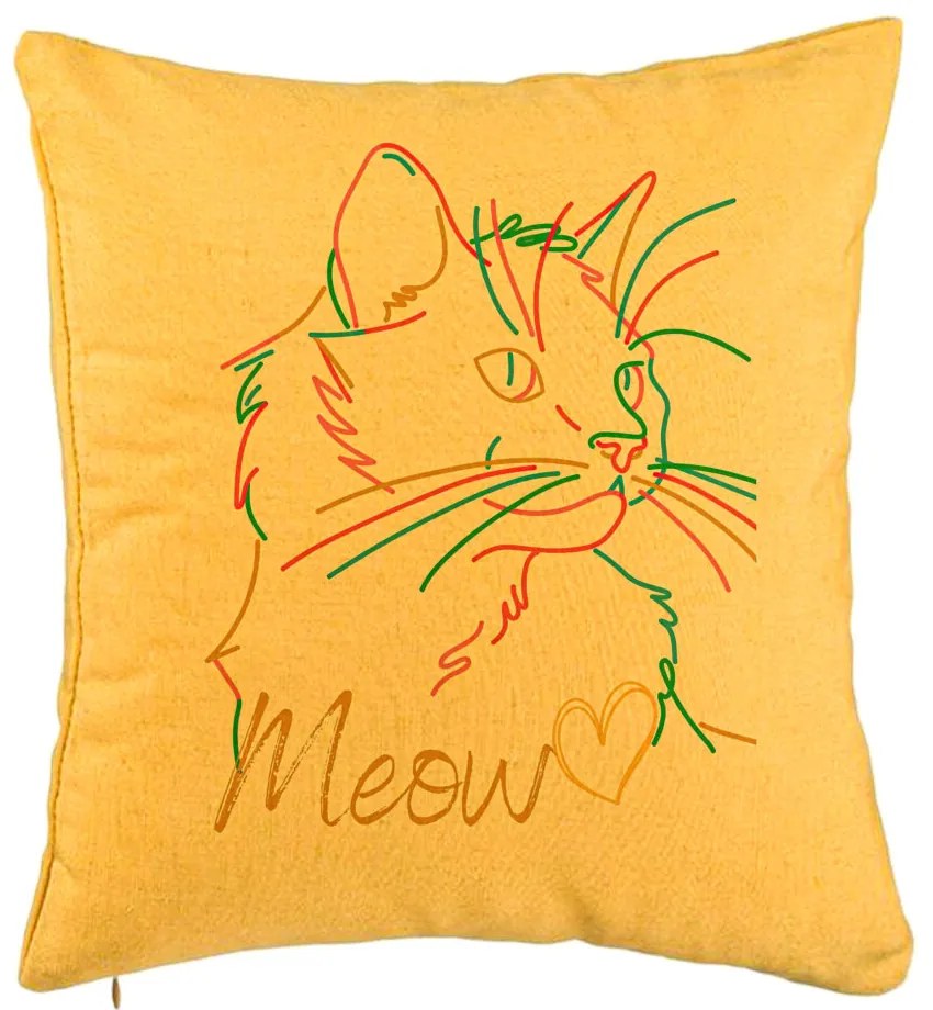 Perna Decorativa, Model Pisica Meow, 40x40 cm, Galben, Husa Detasabila, Burduf