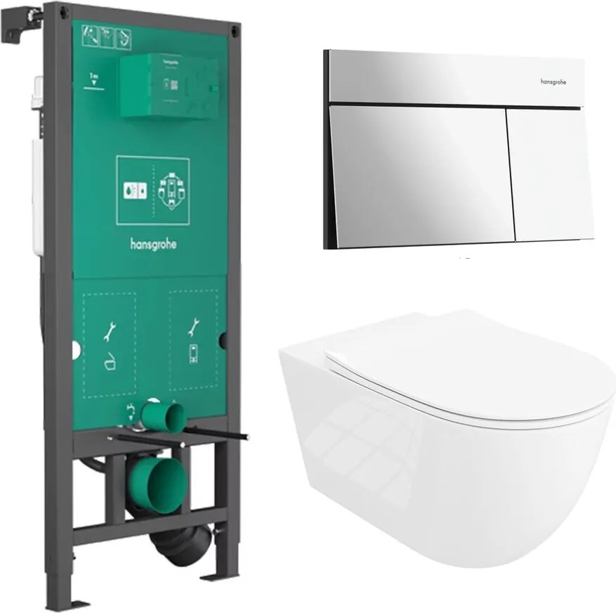 Rezervor incastrat Hansgrohe iFrame 112 cm cu clapeta iFrame Element E crom lucios plus vas WC Rune Ivaldi Grande alb cu capac softclose