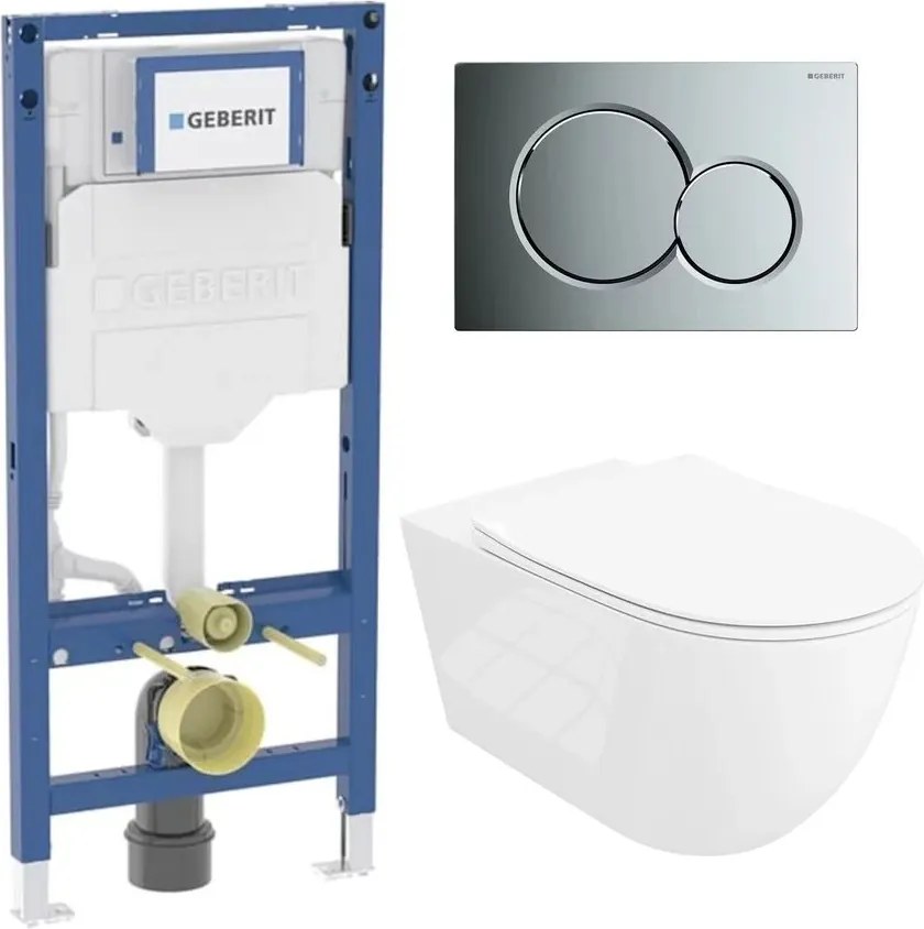 Rezervor WC cu cadru incastrat Geberit Duofix UP320 cu sistem de fixare, clapeta de actionare Sigma01 crom plus vas WC Rune Ivaldi Grande alb cu capac softclose