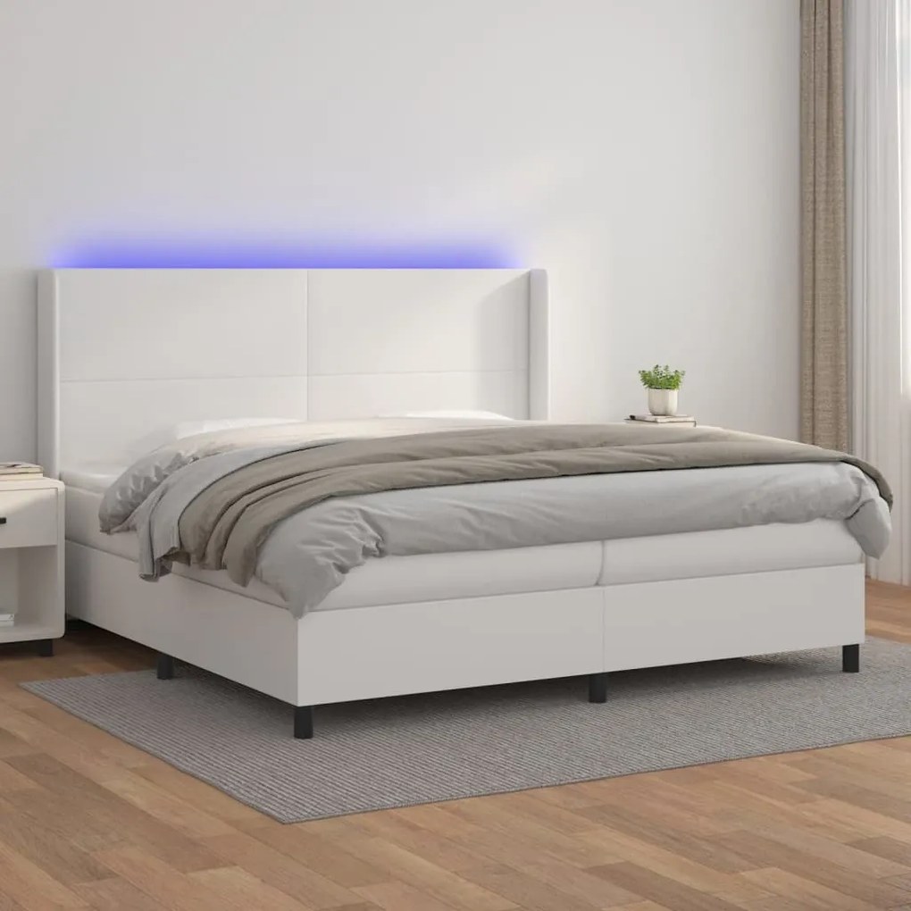 vidaXL Pat cu arcuri, cu saltea și LED, alb, 200x200 cm, piele eco