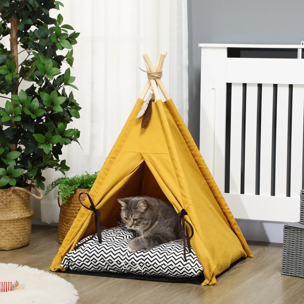 PawHut Pat pentru Animale de Companie, design Tipi drăguț, cu pernă moale de odihnă, podea antiderapantă, pentru câini și pisici, 60 x 60 x 76 cm | Aosom Romania