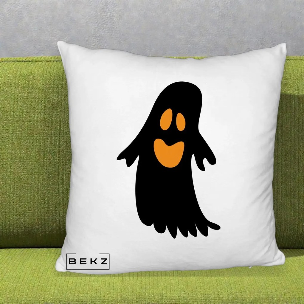 Perna Decorativa Halloween Fantoma Neagra cu Ochi Portocalii, 40x40 cm, Alb Pufos, Husa Detasabila, Perna Inclusa, BEKZ®