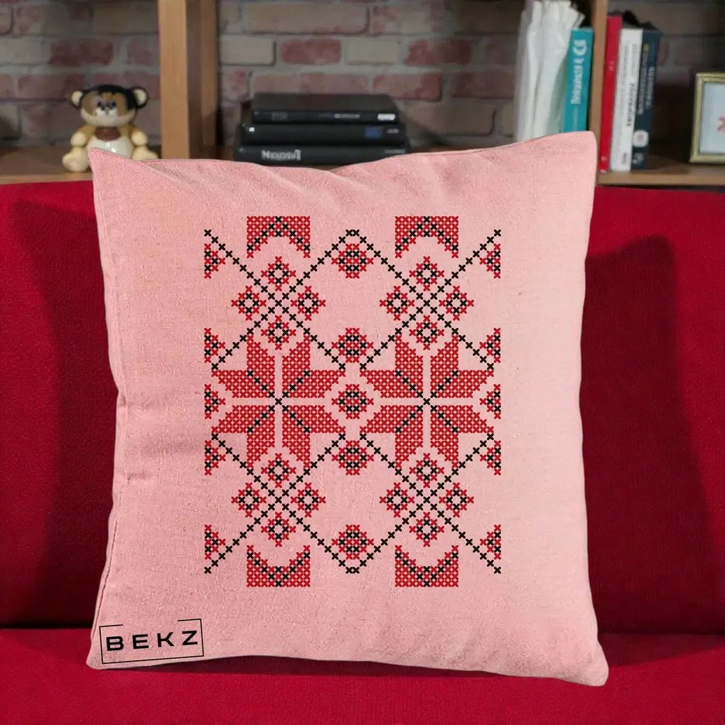 Perna Personalizata Motiv Traditional Cusatura Rosu-Negru, 40x40 cm, Roz, Husa Detasabila, Perna Inclusa, BEKZ®