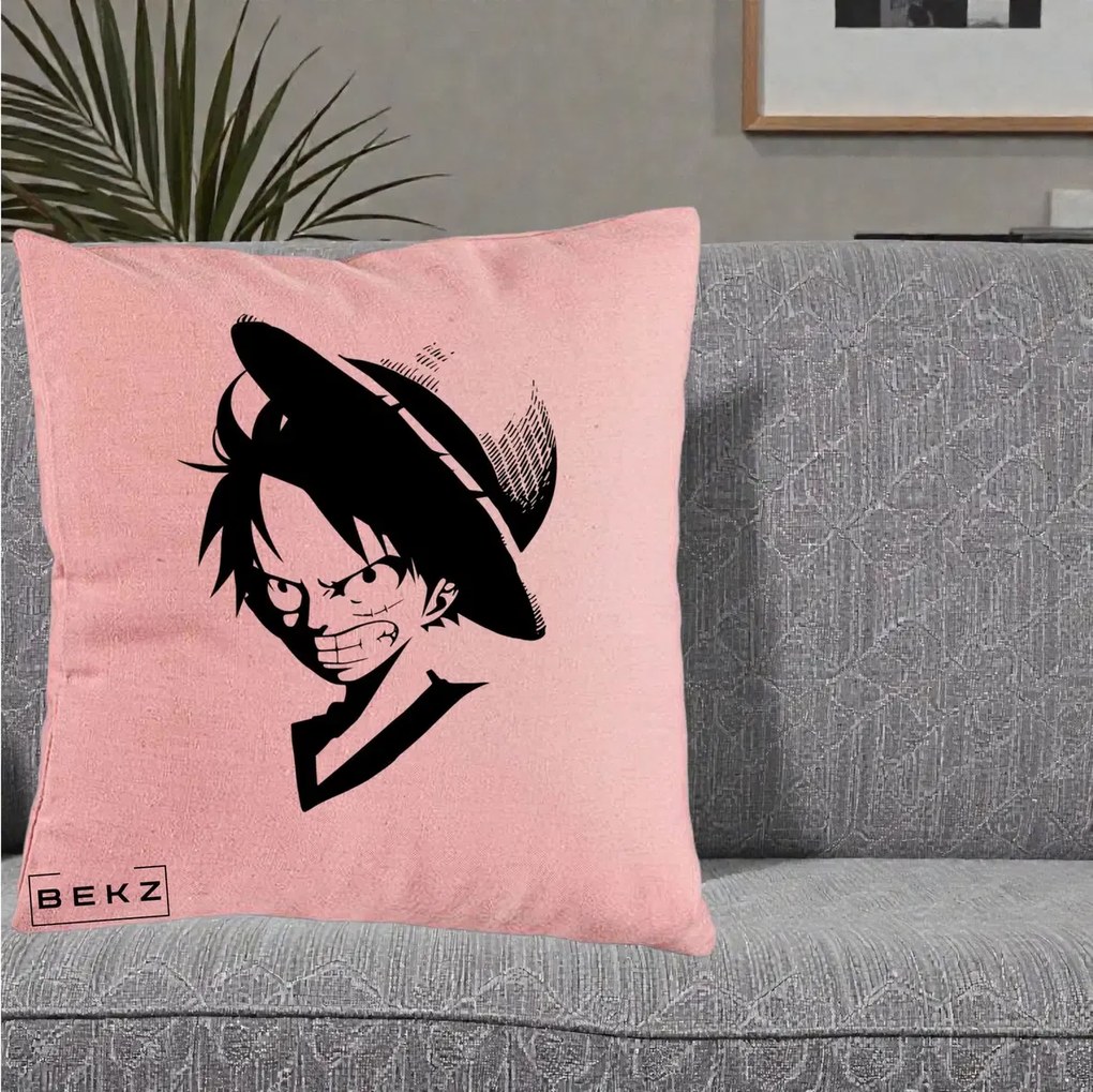 Perna Personalizata One Piece Luffy Silueta Alb-Negru, 40x40 cm, Roz, Husa Detasabila, Perna Inclusa, BEKZ®