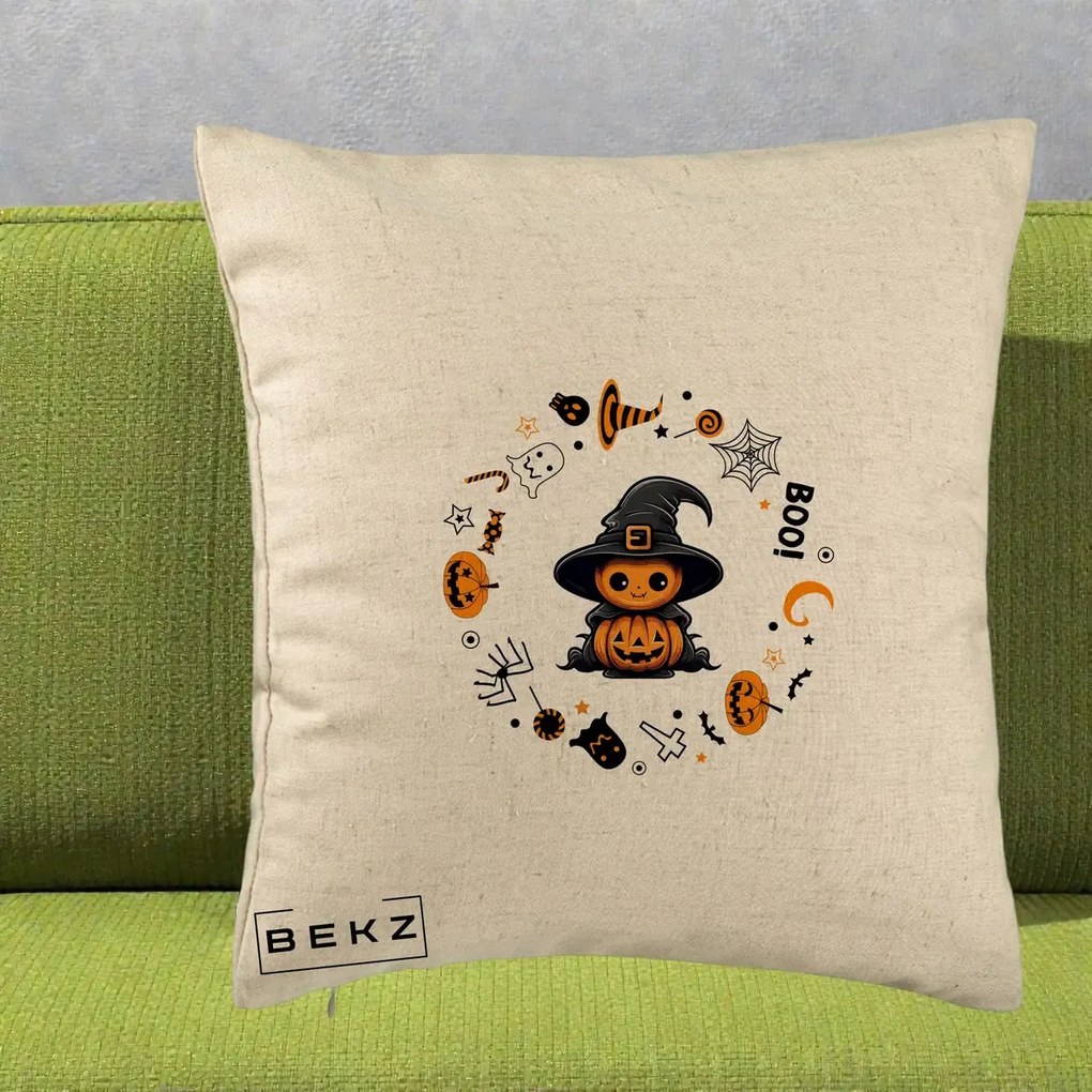 Perna Decorativa Halloween Dovleac Vrajitor Boo cu Simboluri, 40x40 cm, Bej, Husa Detasabila, Perna Inclusa, BEKZ®