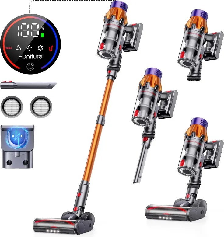 Aspirator vertical Honiture X7 CJD239, 550 W, 45 kPa, 1,5 l, 60 min, 3 moduri, Inaltime reglabila, Filtru HEPA, Ecran tactil, Perie cu LED, Nichel/Galben