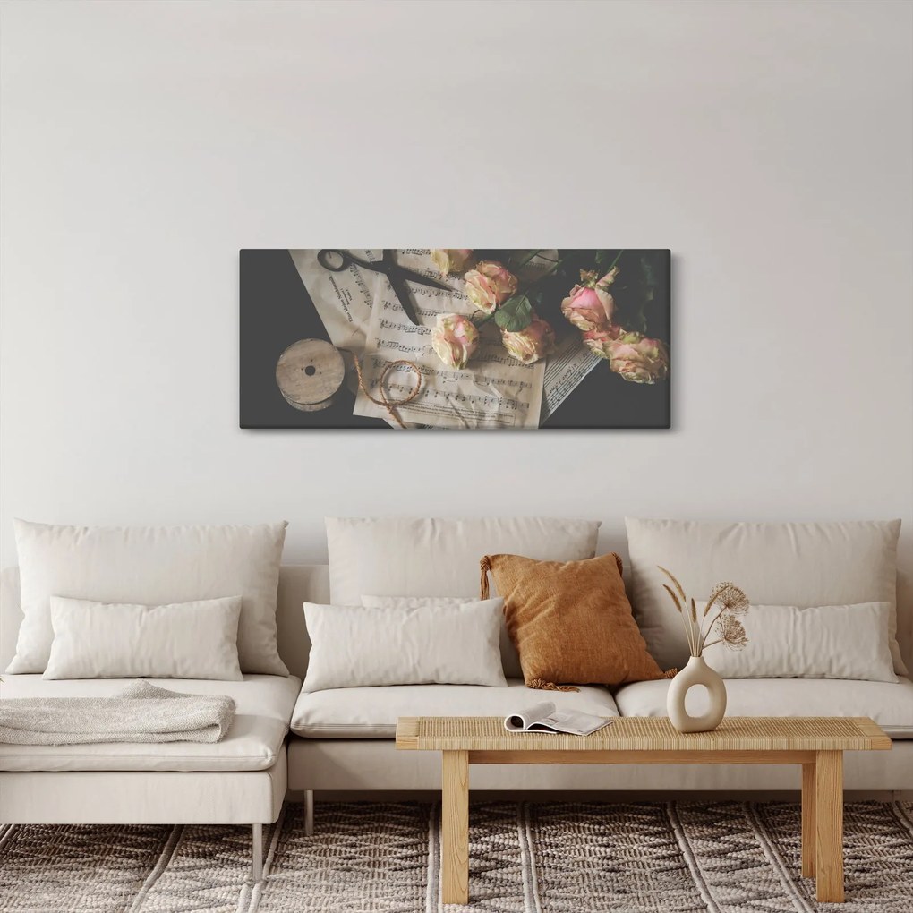 Tablou cu note muzicale și trandafiri (120x50 cm)