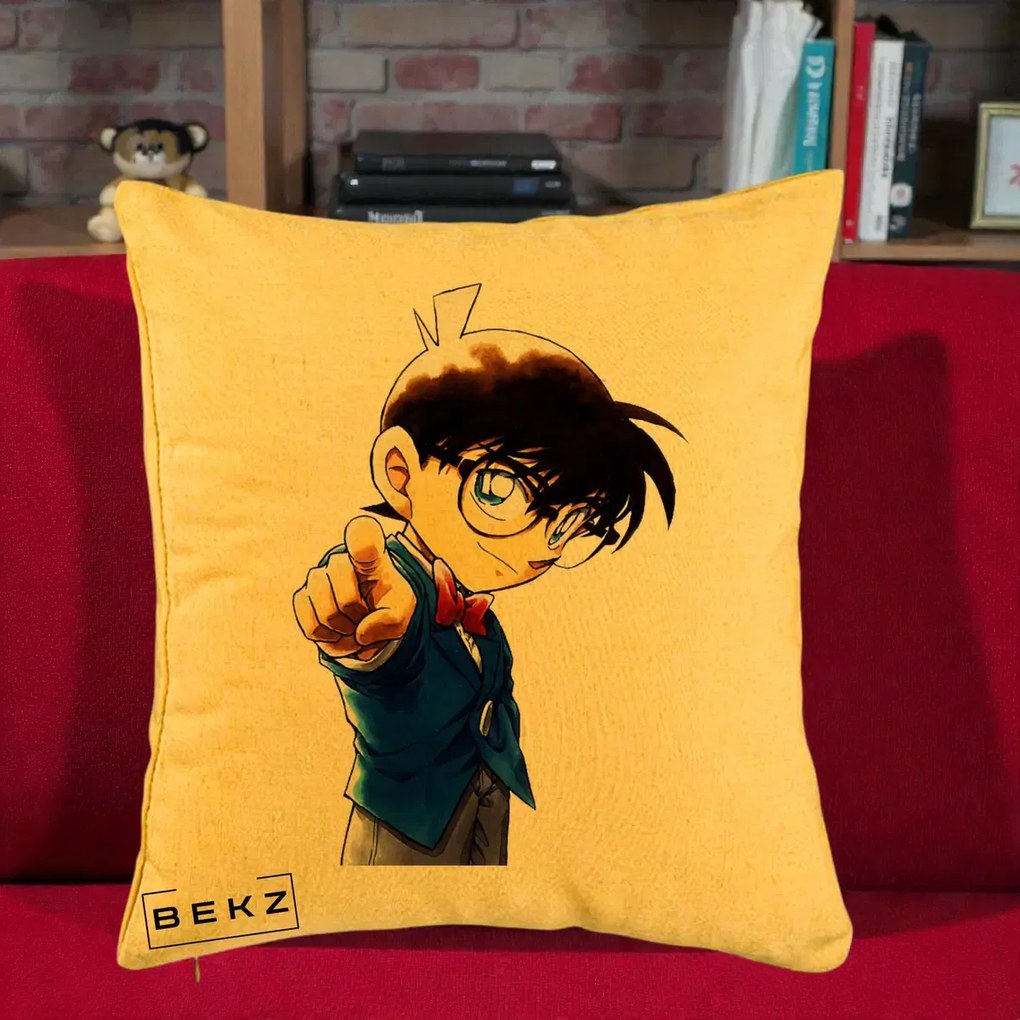 Perna Personalizata Detective Conan Conan Arata, 40x40 cm, Galben, Husa Detasabila, Perna Inclusa, BEKZ®