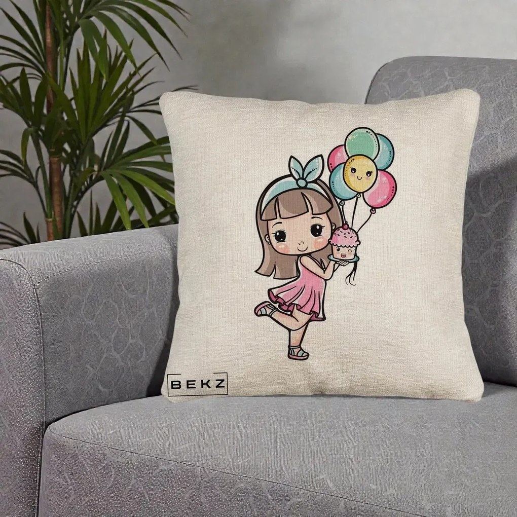 Perna Decorativa Fetita Kawaii cu Baloane si Cupcake, 40x40 cm, Bej Canapea, Husa Detasabila, Perna Inclusa, BEKZ®