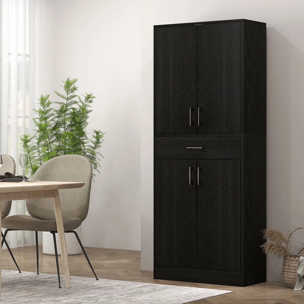 HOMCOM Dulap Bucătărie Înalt cu 4 Uși, Sertar Mare, Polițe Reglabile, 70,8 x 34 x 180 Cm, Negru | Aosom Romania