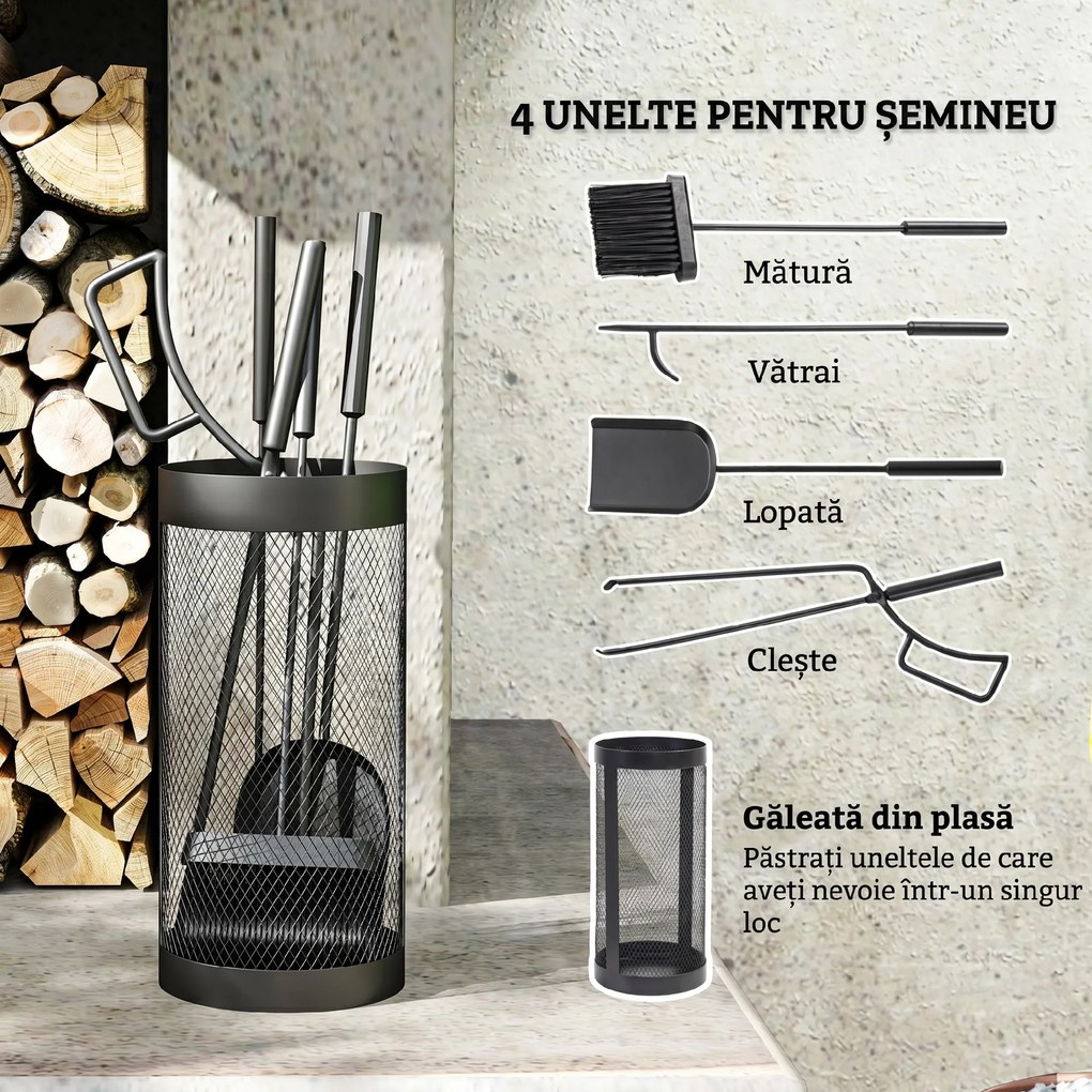 Outsunny Set Accesorii Șemineu 5 Piese Metal cu Coș Mătură Lopată Clești Negru | Aosom Romania