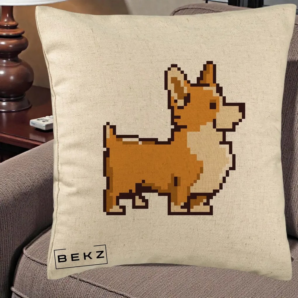 Perna Personalizata Corgi Pixel Art, 40x40 cm, Bej, Husa Detasabila, Perna Inclusa, BEKZ®