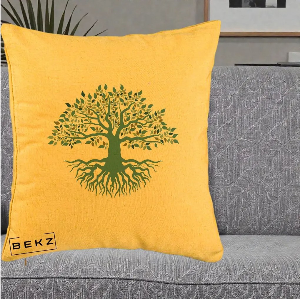 Perna Decorativa Copacul Vietii Teal cu Radacini, 40x40 cm, Galben, Husa Detasabila, Perna Inclusa, BEKZ®