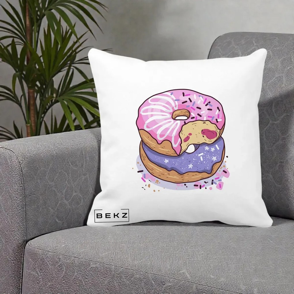 Perna Decorativa Donuts Roz si Mov, 40x40 cm, Alba Mata, Husa Detasabila, Perna Inclusa, BEKZ®