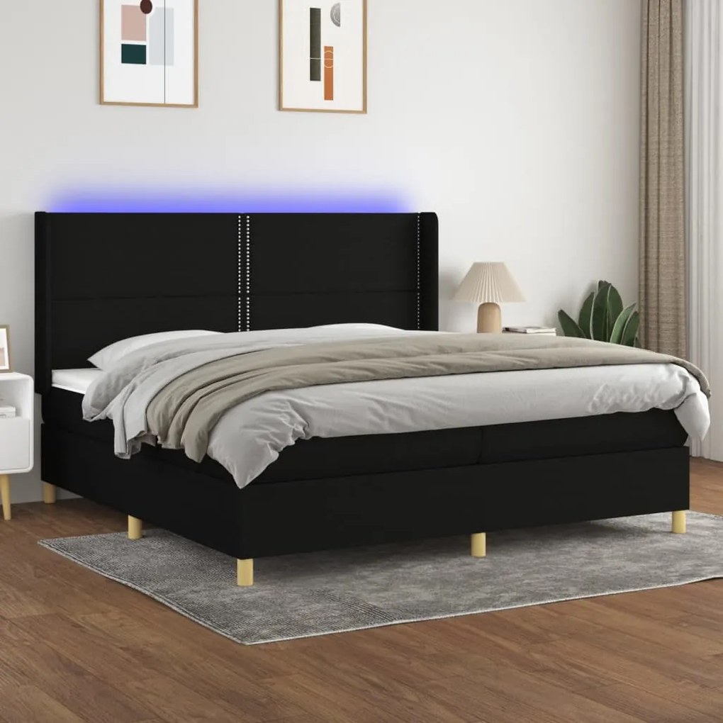 vidaXL Pat cu arcuri, saltea și LED, negru, 200x200 cm, textil