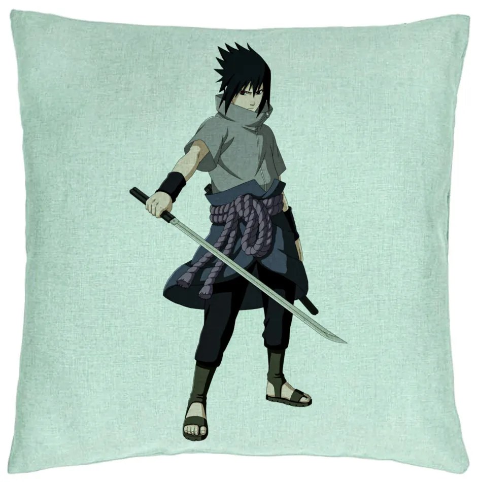 Perna Decorativa cu Nsruto Sasuke, 40x40 cm, Verde Menta, Husa Detasabila, Burduf