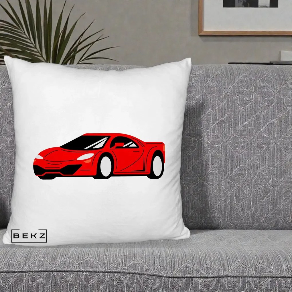 Perna Personalizata Masina Sport Rosie Grafic, 40x40 cm, Alb Pufos, Husa Detasabila, Perna Inclusa, BEKZ®
