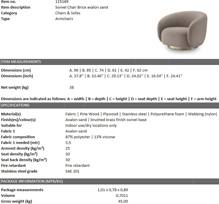 Fotoliu pivotant design elegant Brice, avalon sand 115169 HZ