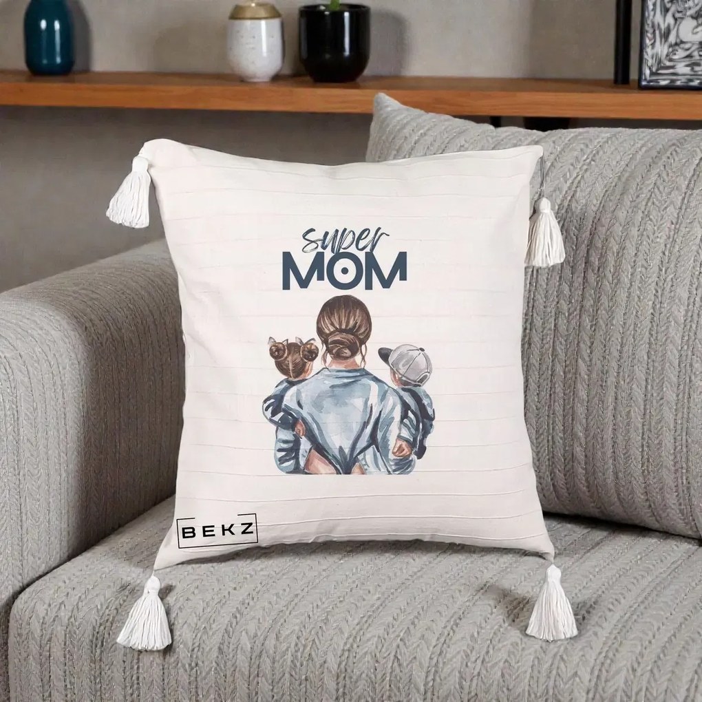 Cadou pentru Mama - Perna Personalizata Super Mom, 40x40 cm, Bej cu Franjuri, Husa Detasabila, Perna Inclusa, BEKZ®