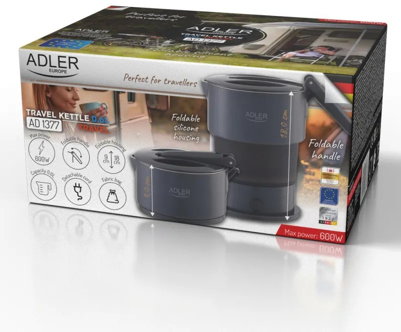 Fierbator pentru calatorii Adler AD 1377, 600W, 0,6 l, Corp pliabil din silicon, Protectie la supraincalzire, Indicator luminos, Gri/Negru