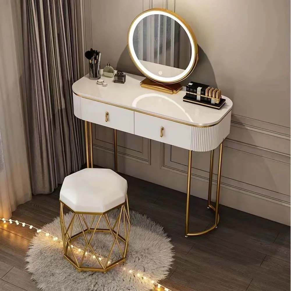 Set LISA – Masă de Toaletă pentru Machiaj, Oglindă Iluminată LED, Control Touch, Sertar, Taburet tapitat, Alb, 100x40x75 cm