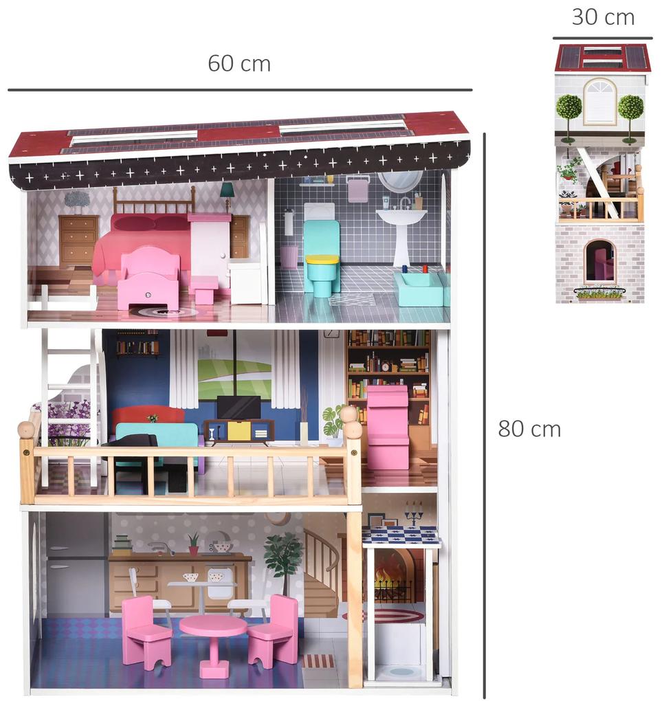 Casa din Lemn pentru Papusi cu 3 Etaje cu Ascensor, cu Scari si 13 Accesorii pentru Copii de 3-6 Ani, 60x30x80cm, Roz HOMCOM | Aosom RO