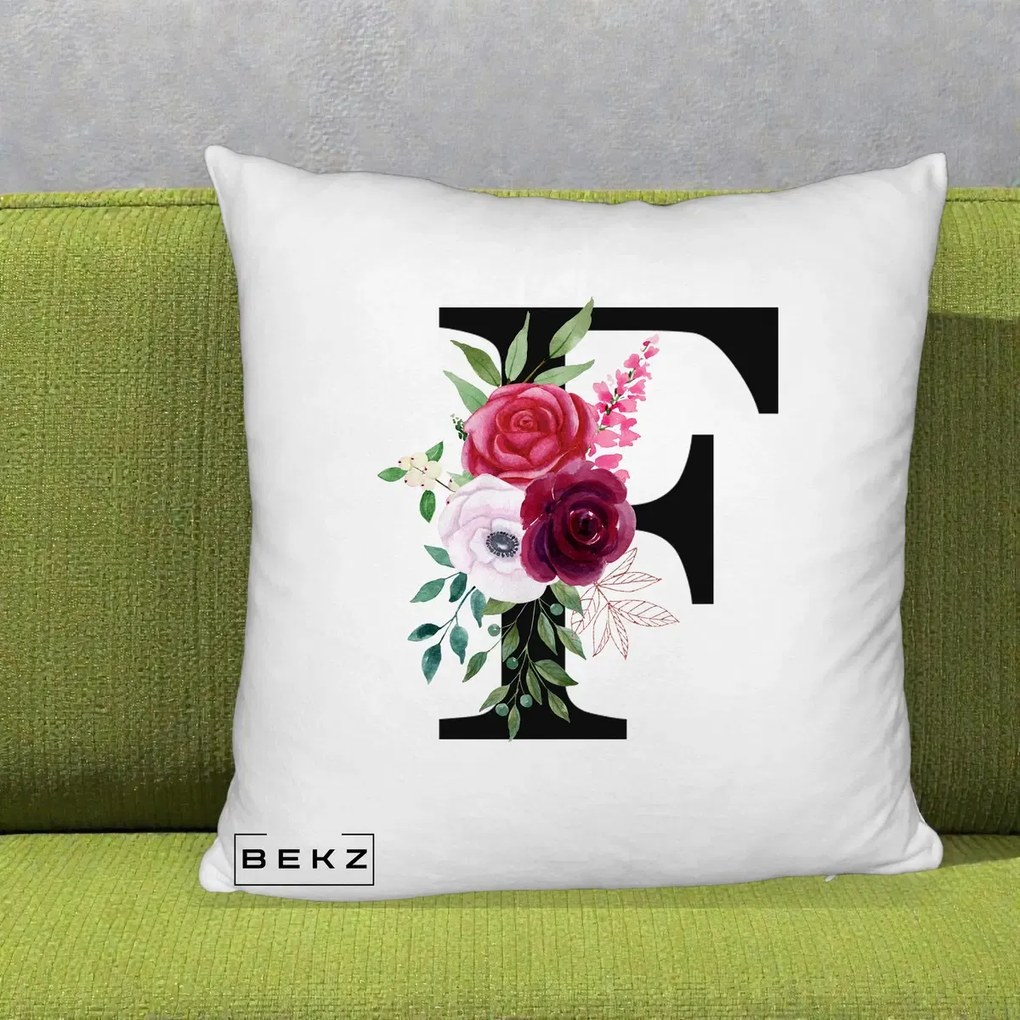 Cadou Personalizat - Perna Personalizata Monograma Florala Litera F, 40x40 cm, Alb Pufos, Husa Detasabila, Perna Inclusa, BEKZ®