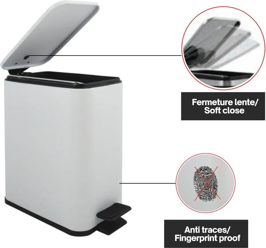 Coș de gunoi alb mat cu pedală din oțel 5 l Erik – Spirella