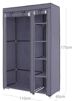 Dulap textil cu rafturi și bară pentru umerașe MATIS 110x175 cm gri