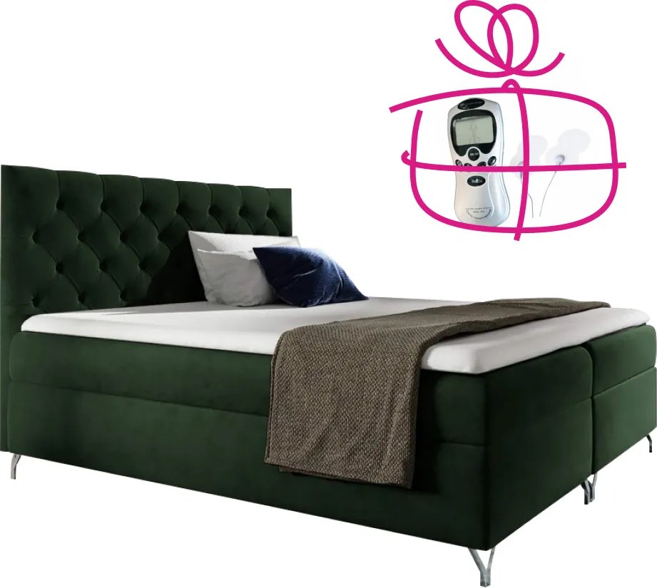 Pat cu boxspring, 140x200, ţesătură verde Velvet, GULIETTE + cadou