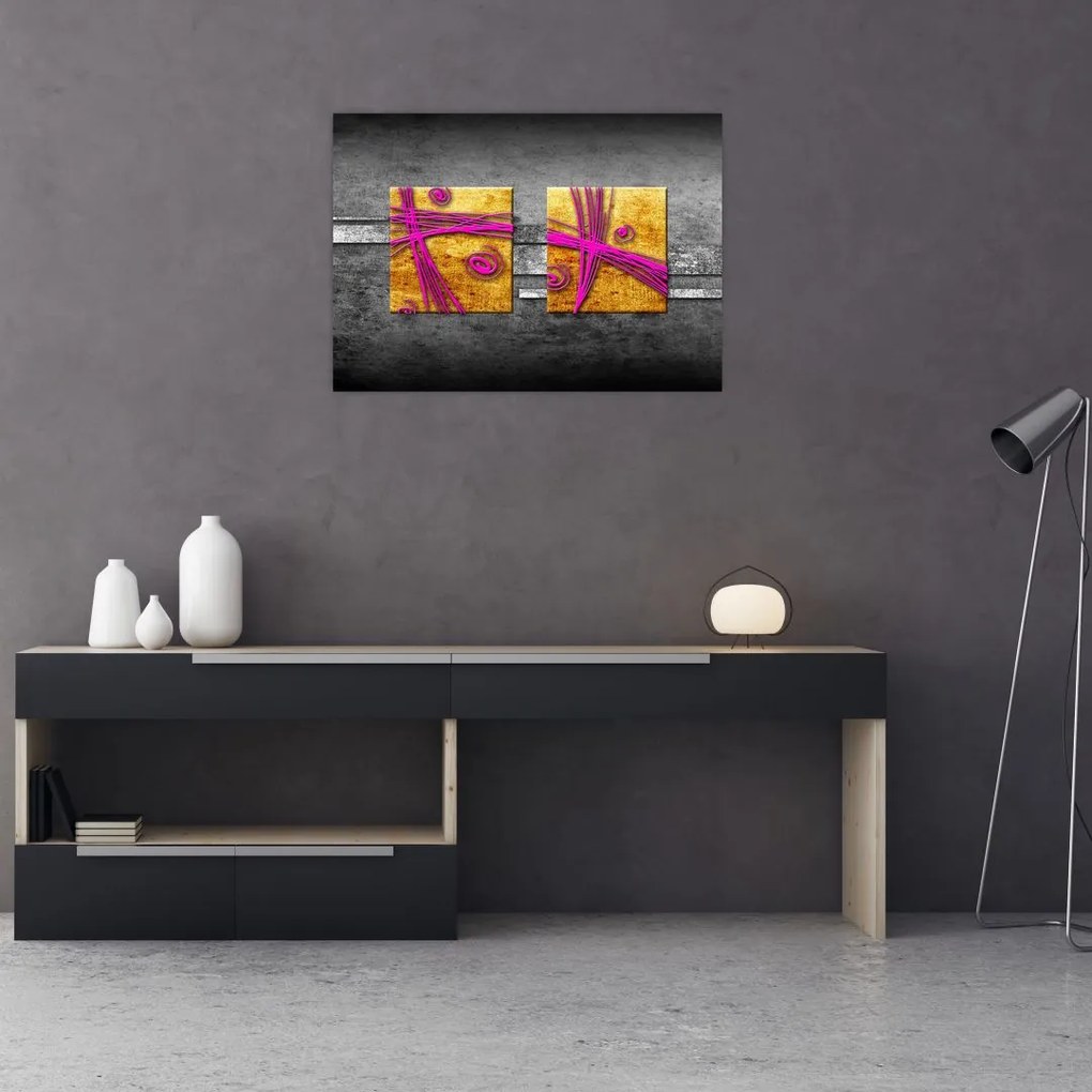 Tablou pe sticlă - Pătratr colorate pe fond negru (70x50 cm)