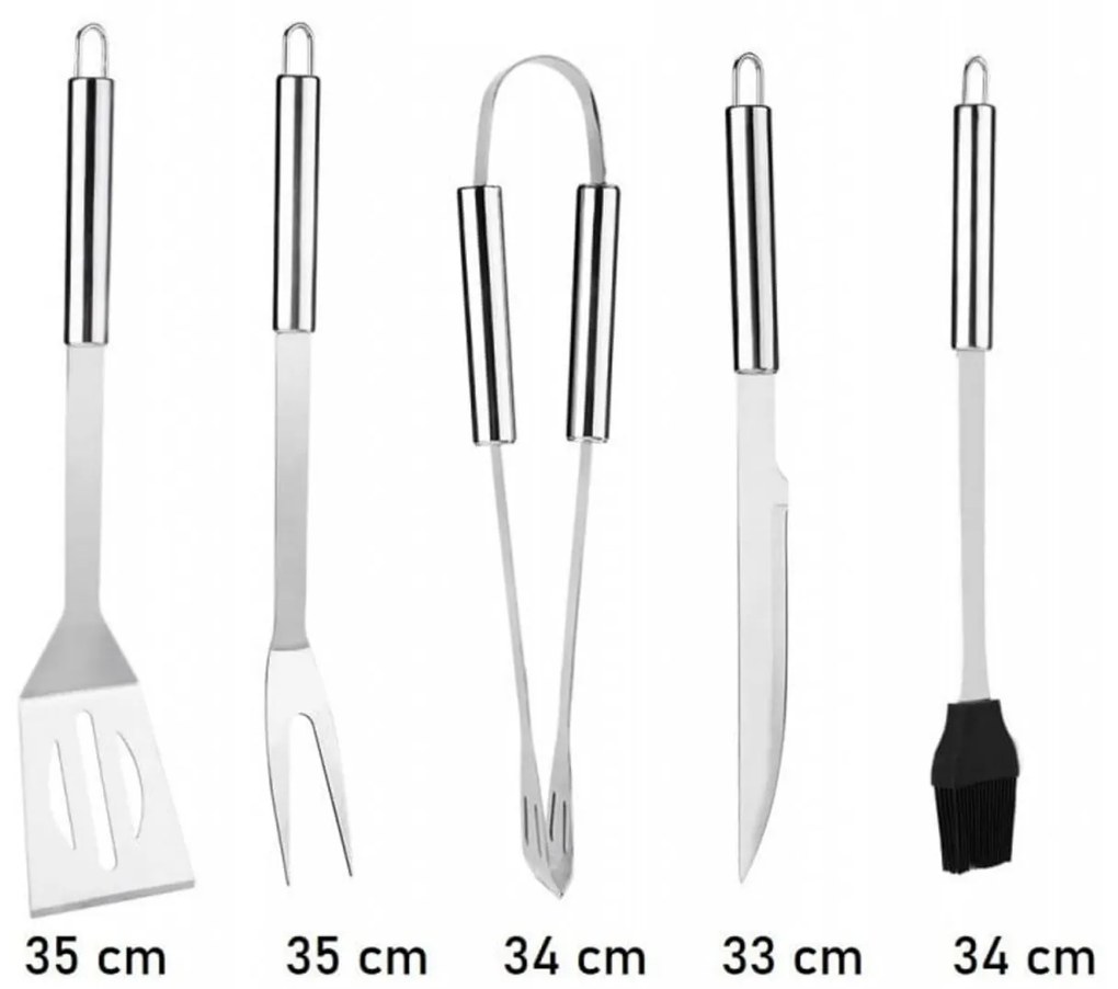 Set 5 ustensile gratar din inox HouseXL BBQ, Cu geanta transport inclusa, Cleste, Spatula, Furculita, Cutit si Perie gratar