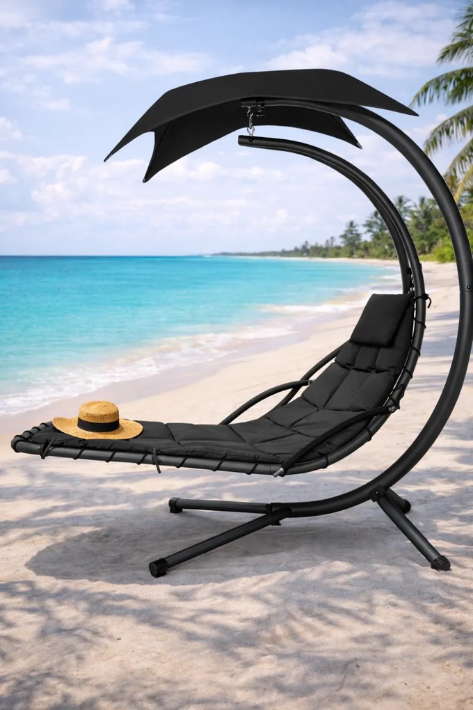Șezlong suspendat din oțel, cu pernă încorporată, baldachin detașabil, Negru