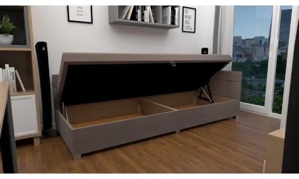 Pat tapițat AMSTERDAM 90x200 cm, cu tăblie reversibilă și spațiu de depozitare, bej