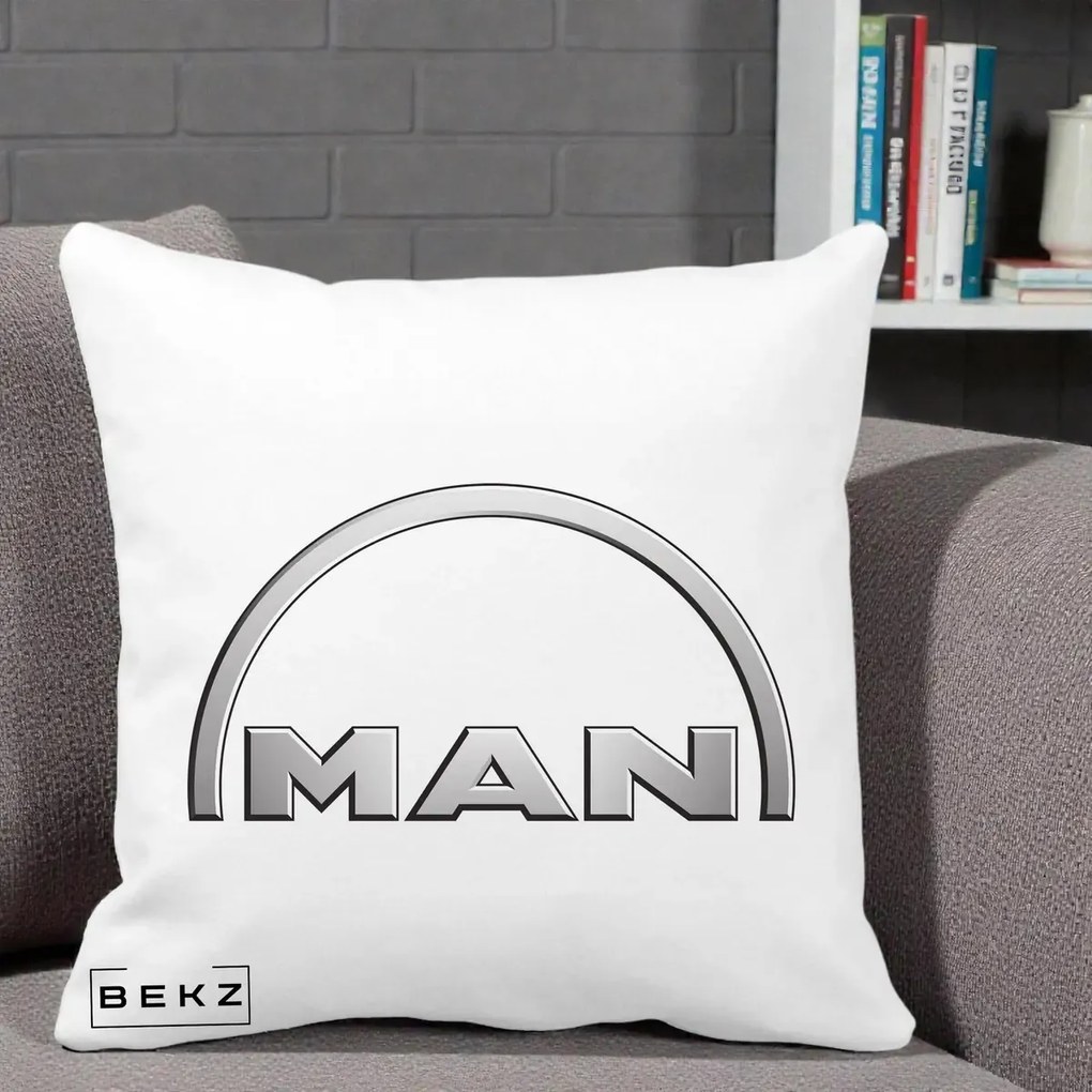 Perna Personalizata cu emblema MAN, 40x40 cm, Alba Mata, Husa Detasabila, Perna Inclusa, BEKZ®