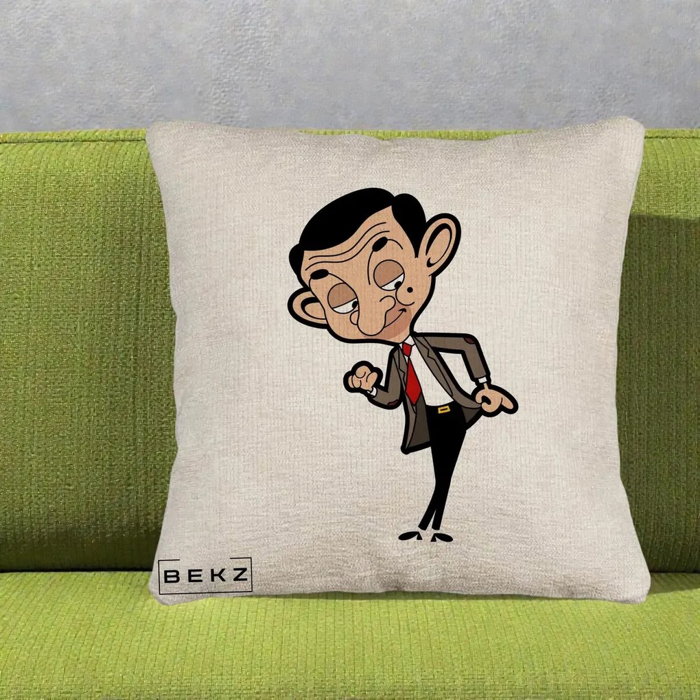 Perna Personalizata Mr. Bean Caricatura, 40x40 cm, Bej Canapea, Husa Detasabila, Perna Inclusa, BEKZ®