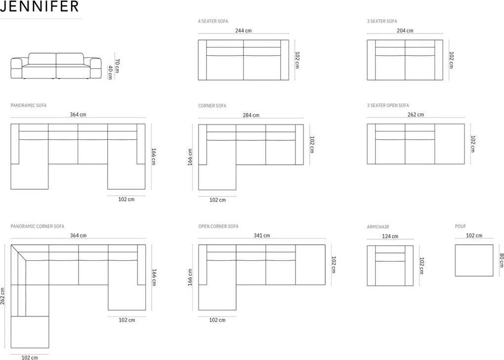 Coltar panoramic stanga 7 locuri, Jennifer-51, Micadoni Home, 364x262x70 cm, catifea, gri