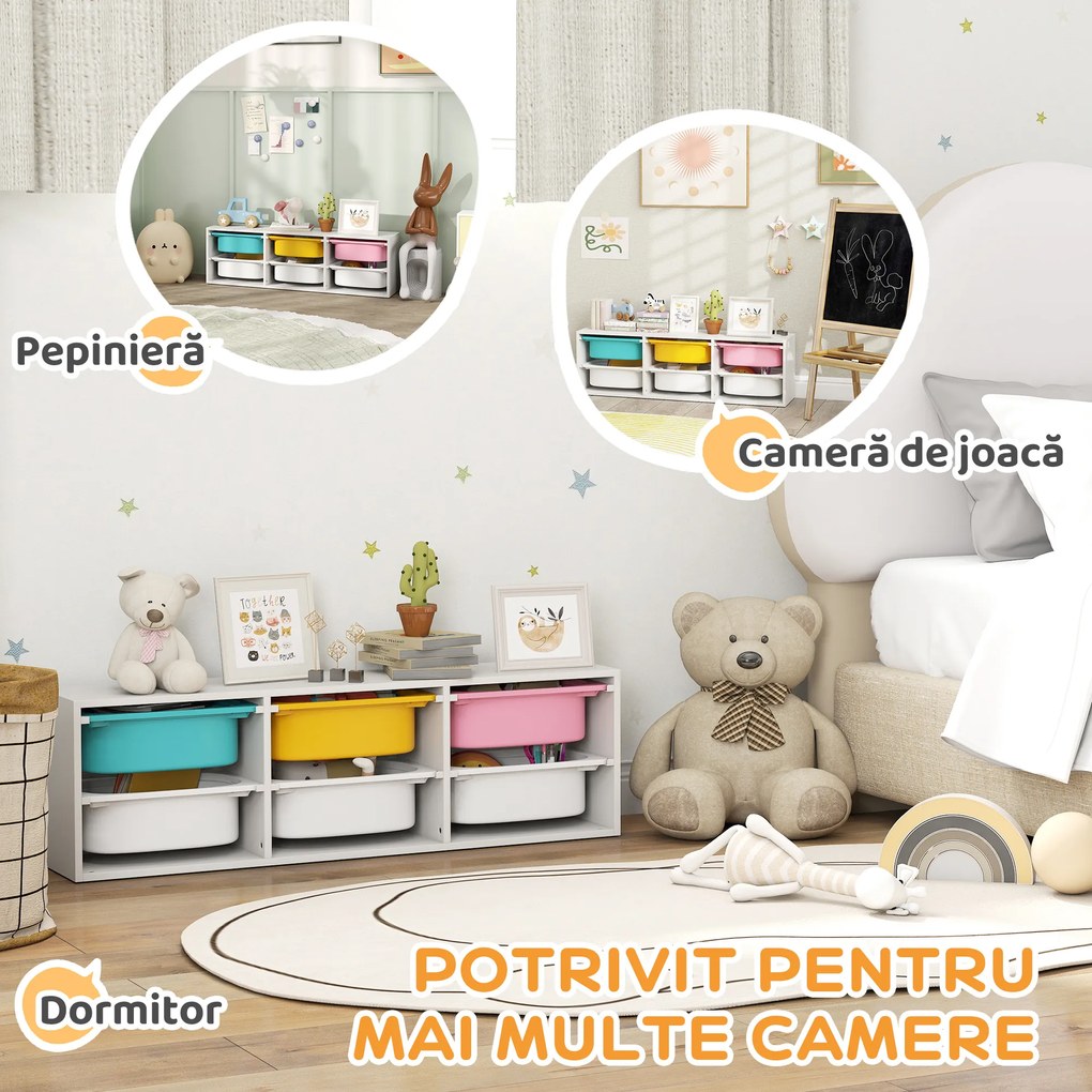 AIYAPLAY Raft pentru Jucării din Lemn cu 6 Recipiente Detașabile din Plastic, Multicolor | Aosom Romania