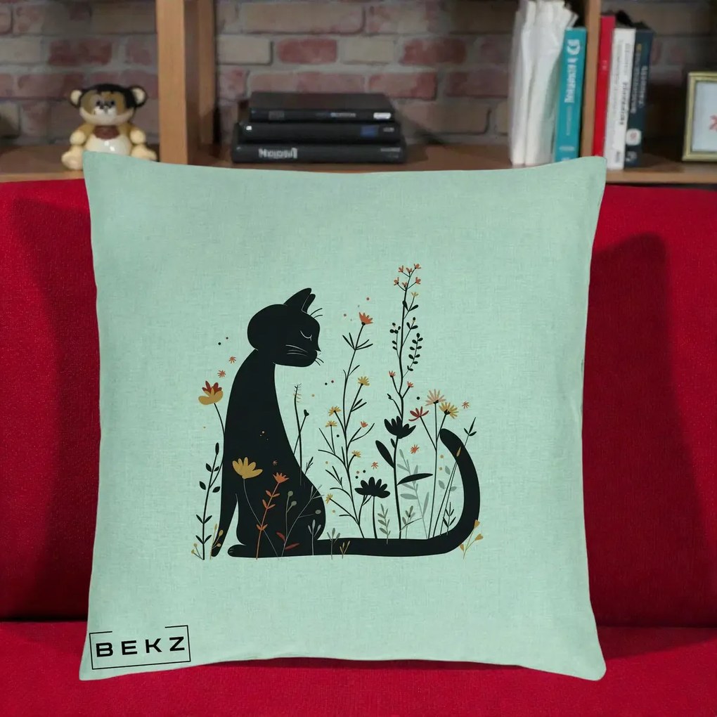 Perna Decorativa Pisica Neagra Flori Portocalii Silueta, 40x40 cm, Verde Menta, Husa Detasabila, Perna Inclusa, BEKZ®
