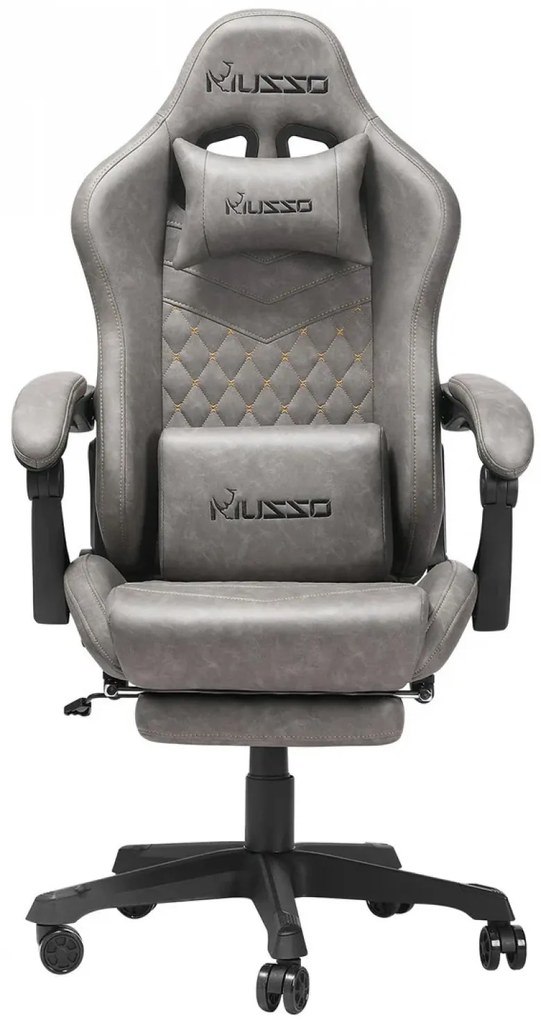 Scaun gaming ergonomic MUSSO 280FG Seria Shark, suport lombar, tetieră, suport pentru picioare, pivotant, mărimea XL, piele PU, Gri