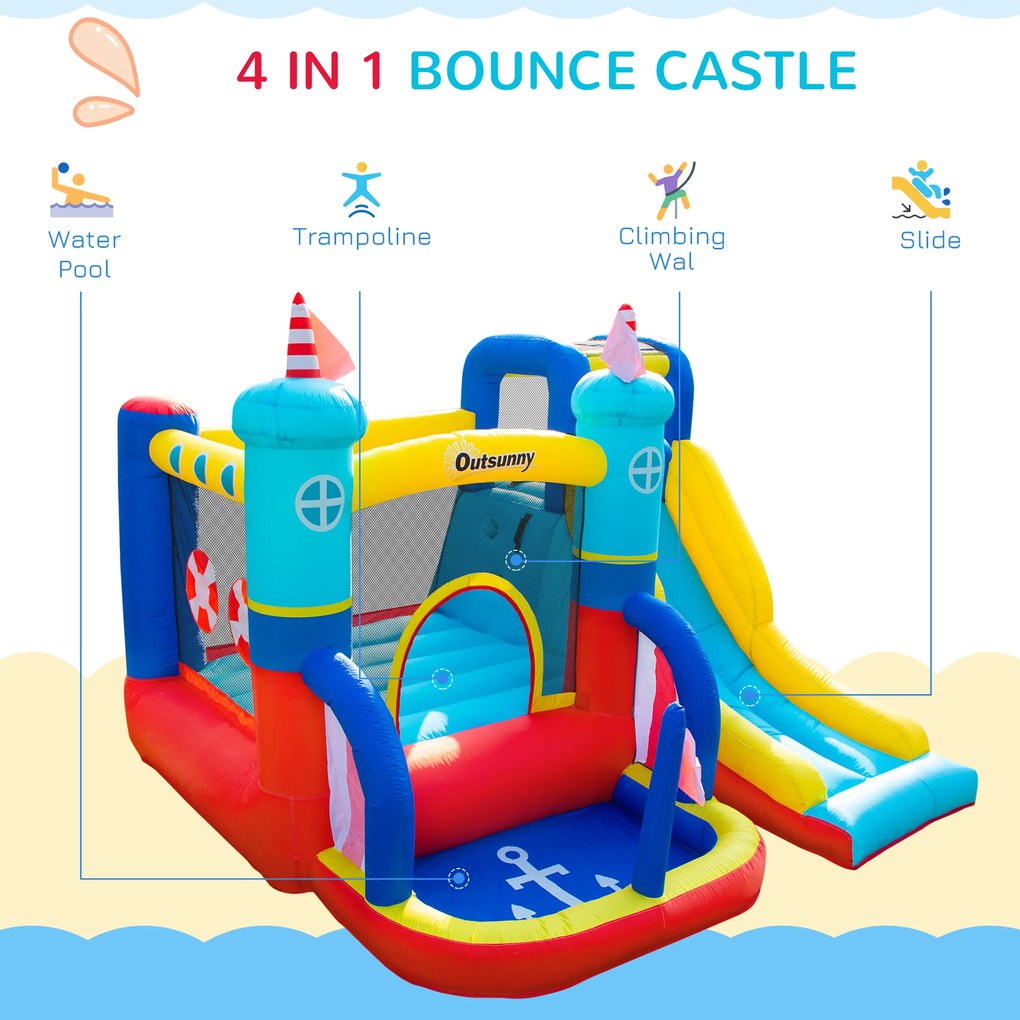 Castel Gonflabil 4 in 1 Outsunny pentru Copii de la 3 la 8 ani cu Tobogan, Trambulina, Piscina si Pompa inclusa, 265x260x200cm | Aosom RO